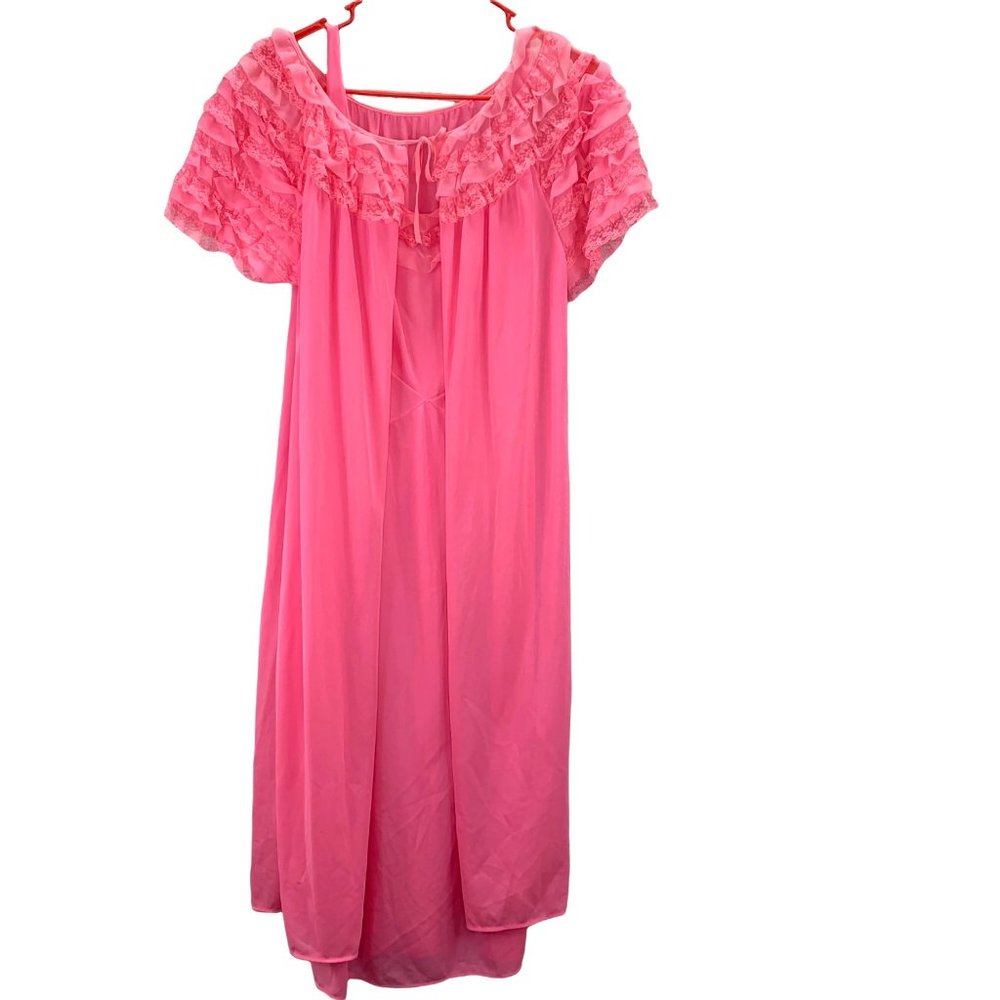 Vintage Nightgown and Robe Pink Ruffles Lace Semi Sheer 2 Piece size S/M